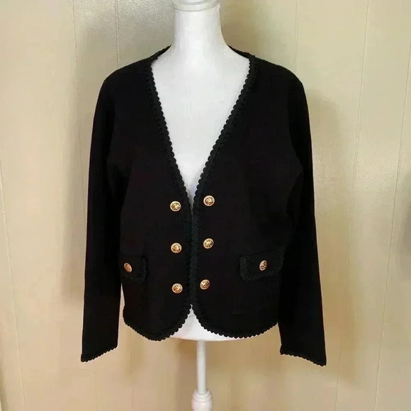 Sioni Black Open Front Cardigan Sweater with Gold Colored Buttons, Size Medium. - Picture 1 of 13